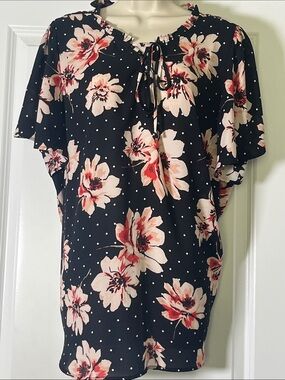 Floral Tie-Neck Blouse - Black with Pink Floral